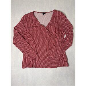 Talbots‎ Medium ￼ Petite Top Red White Cross over Bust 3/4 Sleeve Stretch